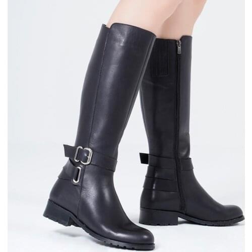 Callizio Women Genuine Leather Boots Knee High Elastic Band Small Size 4 Designer Luxury Winter Handmade Female Lady Knee Boots Warm Lining Black Buckle Cute Big Size 12 Footwear Shoes for Woman 2021 Cowgirl Fashion