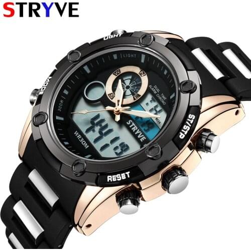 Stryve Brand New Men Sports Wristwatches Military Heavy Dial Waterproof Swim Quartz Digital Dual Time Zone Watches Mens horloge