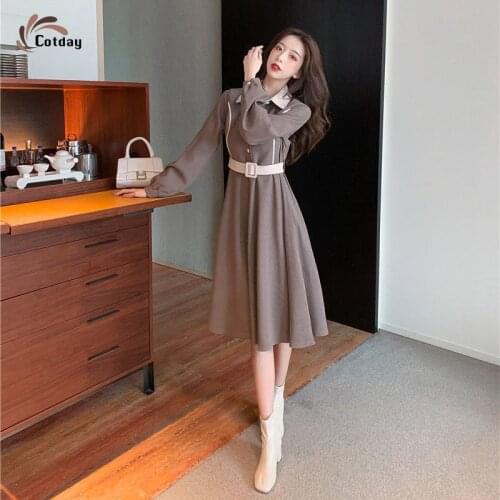 Cotday Khaki Long Sleeve Korean New Turn Down Neck Winter Sashes Velvet Button Women Elegant Office Lady A-Line Blouse Dress