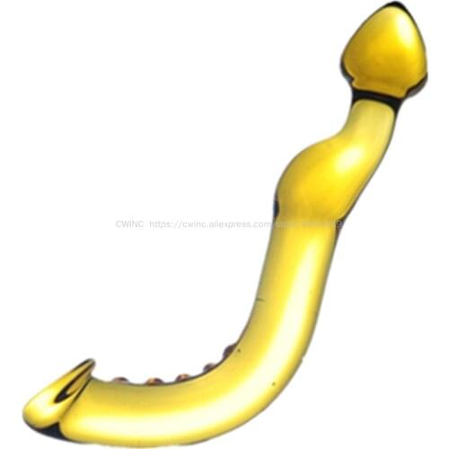 CW0218 Curved Yellow Glass Crystal Dildo with Beads Stimilator for Women Experienced