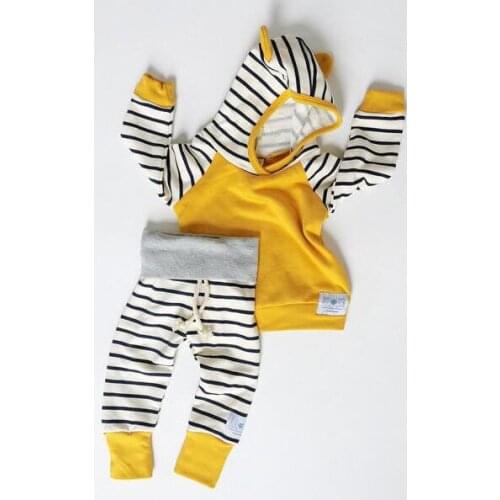 Newborn Toddler Kids Baby Boys Girls Outfits Clothes T-shirt Tops Hooded Striped + Pants Casual Clothing 2PCS Set Baby Boy Girl