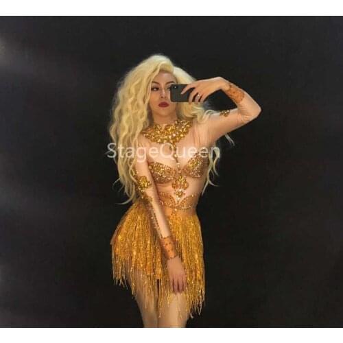 Sparkly Rhinestones Gold Tassel Jumpsuit Female Singer Bodysuit Women Celebrate Nightclub DJ Clothes DS Dancer One-piece Skirt