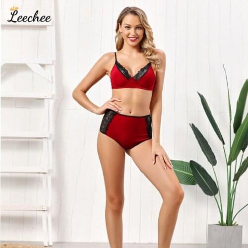 Women Sexy Lace Underwear Gold Velvet Bra suit Hollow Comfortable Soft Breathable High Waist Panties Large Size lingerie Set