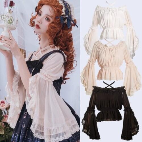 Sweet lolita shirt vintage lace bowknot o-neck flare sleeve cross bandage victorian shirt kawaii girl gothic lolita top loli cos