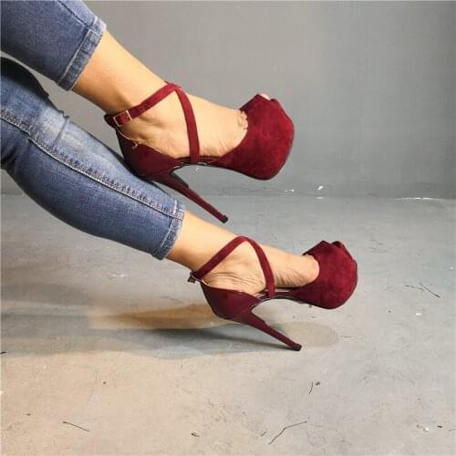 Western New 2020 Fashion Claret Peep Toe High-heeled Sandals Sexy Suede Platform Buckle Strap Narrow Band Summer Dress Shoes