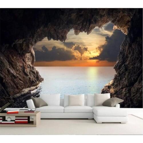 Beibehang Custom wallpaper 3d mural cave seascape sunrise sofa background wall painting living room bedroom 3d wallpaper mural
