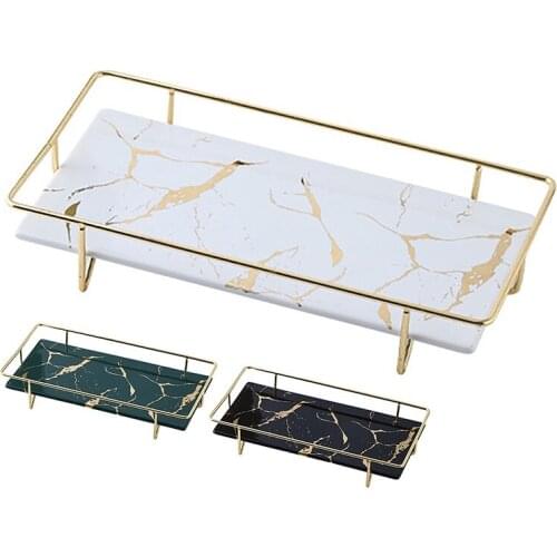 HOT-Ceramics and Iron Art Tray Imitation Marble Cake Storage Tray Fruit Desktop European Storage Tool Serving Tray Home