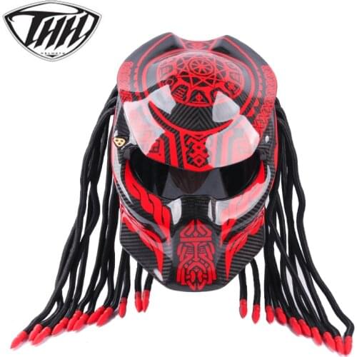Bright red carbon fiber glass material predators helmets motorcycle fashion stylish full face led helmets with braids decoration