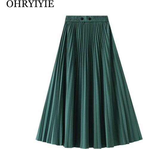 OHRYIYIE Green Beige Women Midi Pleated Skirt 2021 Summer New Style All-match High Waist Slim Chiffon Long A-line Skirt Female