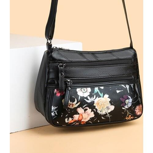 Fashion Casual Women Flower Print PU Leather Crossbody Bag Leisure Chic Multi Pocket Zipper Female Shoulder Bags
