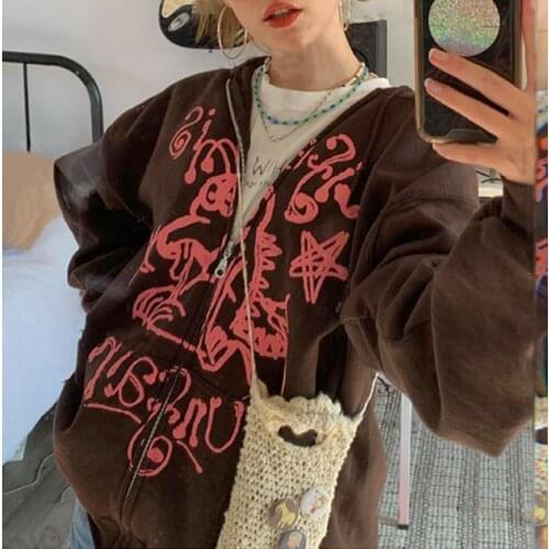 Fashion Women Fall Winter Warm Full Zip Hoodies Sweatshirts Casual Long Sleeve Graffiti Print Oversized Sweatshirts Streetwear