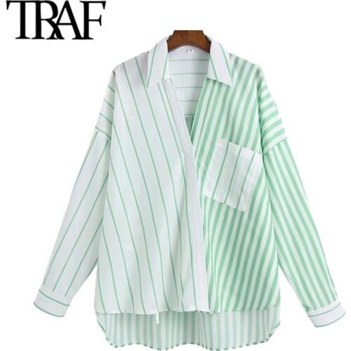TRAF Women Fashion Patchwork Striped Oversized Blouses Vintage Long Sleeve Asymmetric Female Shirts Chic Tops