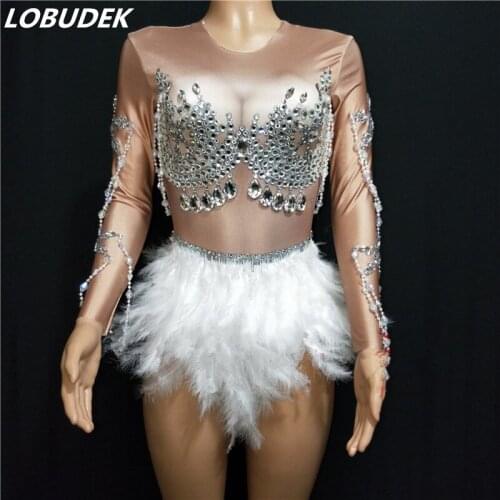 Nightclub DJ Female Dancer Costume Crystals White Feathers Bodysuit Big Stretch Leotard Sexy Pole Dancing Party Show Stage Wear