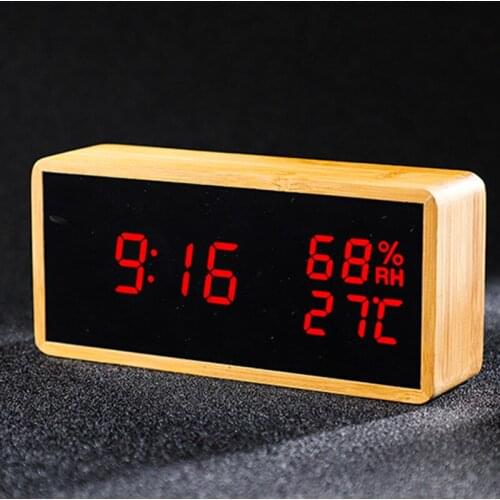 Digital Alarm Clocks Bamboo Wooden USB Charge LED Display with Mirror Temperature Digital Watch Home Bedroom Office Study Decor