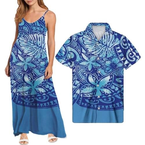 Hycool Polynesian Tribal Print Women Plain Maxi Beach Dresses Long Plus Size Spaghetti Strap Backless Dresses Match Men Shirts