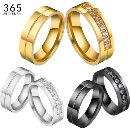 3 Color Fashion 6MM Stainless Steel Couple Ring Simple Cubic Zircon Engagement Wedding Rings For Man Or Woman Gift
