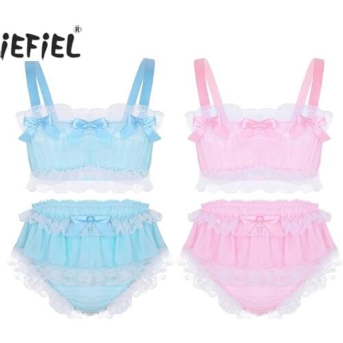 Sissy Lingerie for Men Ruffled Lace Bowknot Crop Tops Body Nightwear Sexy Gay Men Underwear High Waist Lace Panties Lingerie Set