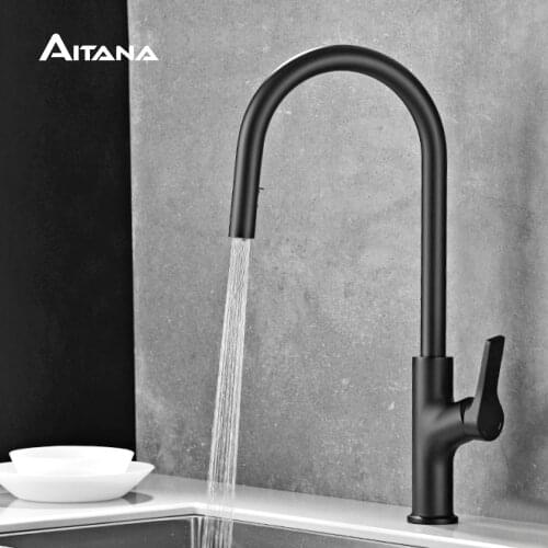 Brass pull-out hot and cold kitchen faucet wire drawing black two-function nozzle sink faucet