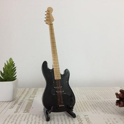 Handmade 1/6 Musical Instrument Crafts Wooden Electric Bass Guitar with Stand for for 1/6 BJD Dolls House