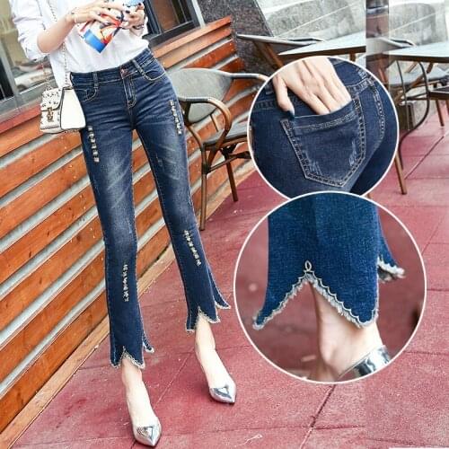 Flare Jeans Pants Women Summer Hole Bell Bottom High Waist Split Hem Cropped Denim Pants Ladies Vintage Korean Style Trousers