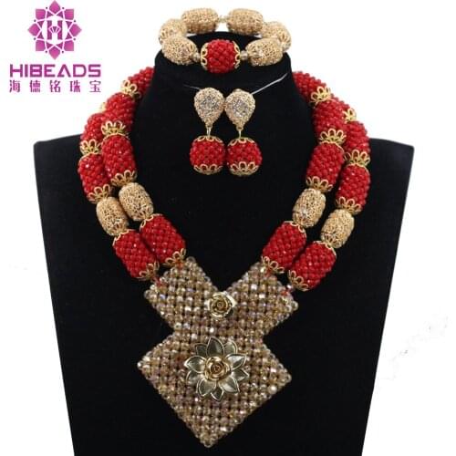 Luxury Red and Gold Nigerian Wedding African Beads Jewelry Set Dubai Indian Bridal Statement Necklace Set Free Shipping WE034