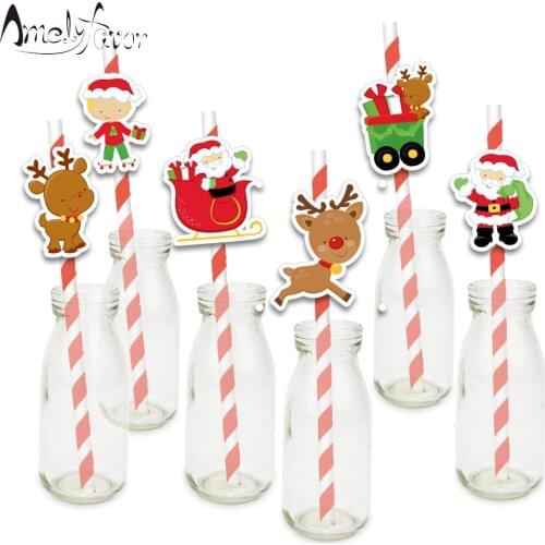 Christmas Theme Series 4 Party Straws Santa Claus Reindeer Sled Paper Straws Christmas Party Decorations Supplies