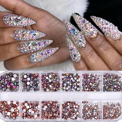 1 Box Glass Nail Rhinestones Multi Size Flat-back AB 3D Charm Gems DIY Tips Manicure Crystals Nail Art Decorations Stones