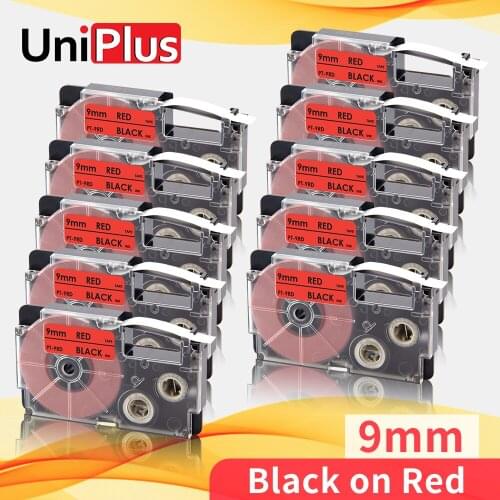 UniPlus 3/8" 9mm Labeling Tape Black on Red Replacement Casio Tape XR-9RD XR9RD for Casio Label Printer KL200 KL120 KL820 KL100