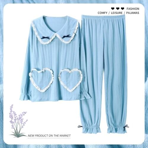 Korean Sweet Blue Lace Long Sleeve Princess Style Women Pajamas Sets Girl Cute Love Pocket Cotton Homewear Autumn Winter Pajamas