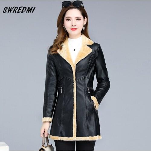 SWREDMI Thick Warm Winter Jacket Women Plus Size L-5XL Leather Coat Ladies Zipper Pockets Warm Long Leather Clothing