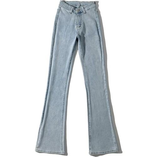 Summer new style street fashion solid color high waist jeans for women, stretch tight-fitting micro flared long jeans for women