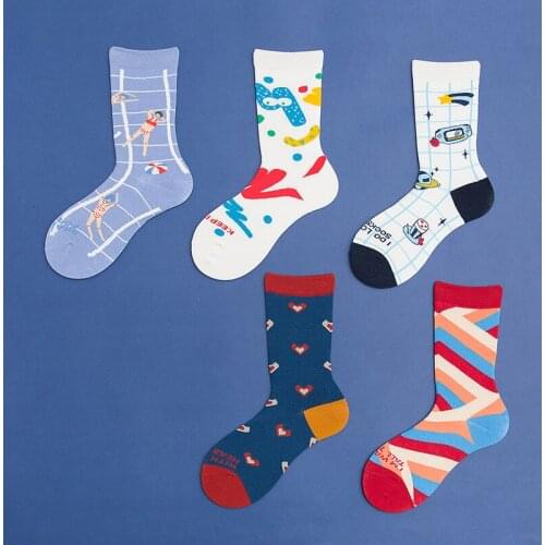 Women Cotton Socks Colorful Happy Fashion Casual Socks White Blue Animal Seagull Socks Space Graffiti Stripes Funny Meias
