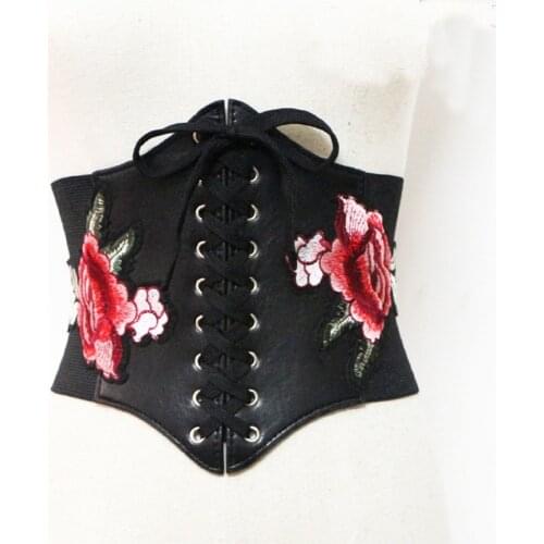 Vintage Faux Leather Tied Up Corset Bandage Women Embroidery Flower Waist Belt 2017 New Shape-Making Midriff-Cinchers
