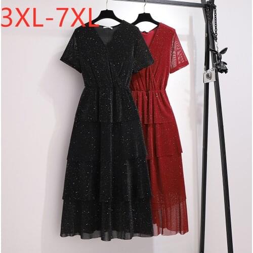 New 2021 summer plus size long dress for women large short sleeve loose sequin ruffle pleated dresses red 3XL 4XL 5XL 6XL 7XL