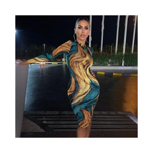 Fashion New Women Midi Dress Tie Dye Print Long Sleeve Bodycon Sexy Streetwear Party Autumn Winter Festival Clothes Clubwear