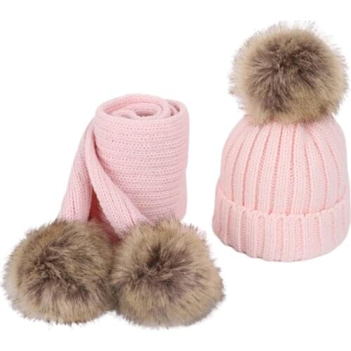 2pcs Children Knitted Beanie Hat Scarf Set Infant Baby Fake Ball Pom Pom Cap