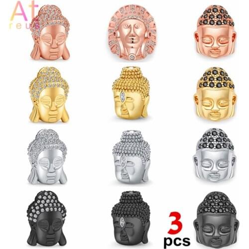 3Pcs Buddha Head Charm Beads Copper Inlay AAA Zircon Indians Guanyin Spacer Rosary Beads For DIY Jewelry Making Bracelet Anklet