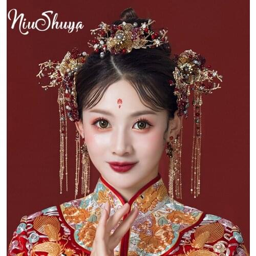 NiuShuya Traditional Chinese Style Hair Accessories Vintage Chinese Headdress Headpiece Red Chinese Hair Jewellery Hairwear