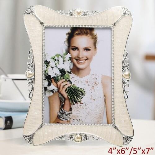 European Vintage Silver White Antique Brass Blue Green Red Hand Painted with Heart Pearls Jeweled Tabletop Metal Picture Frame