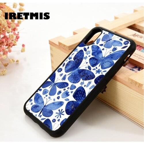 Iretmis 5 5S SE 6 6S TPU Silicone Rubber phone case cover for iPhone 7 8 plus X Xs 11 Pro Max XR Blue Butterflies