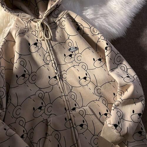 Full print bear Kawaii Japanese fleece jacket 2021 spring new Korean loose thick sweatshirt cardigan girls lovely streetwear