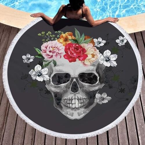 Personality Black Skull Yoga Mat Round Tapestry Printed Meditation Blanket 150cm Beach Mat Carpet Child Adults Compression Towel