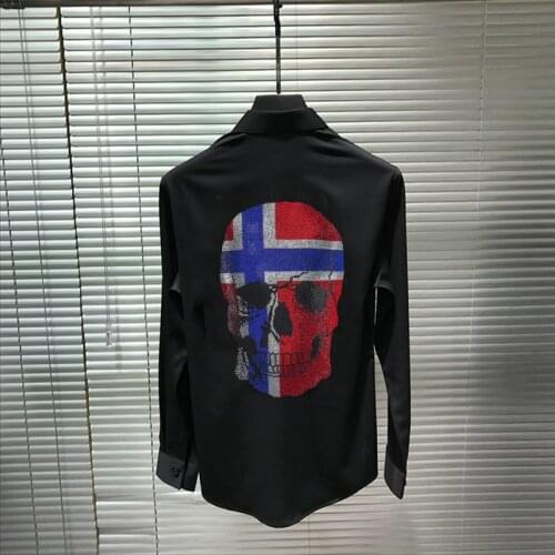 Personalized Design Luxury Fabric Plus Size Mens Shirt Brand Night Rock Long Sleeve Breathable Shiny Skull Hot Drill