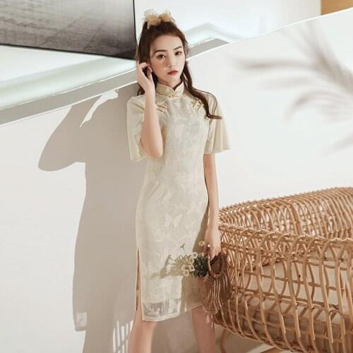 New Embroidered Lace Medium Length Cheongsam 2021 Chinese Style Womens Traditional Dress Ancient Chinese Style Qipao Slim Dress