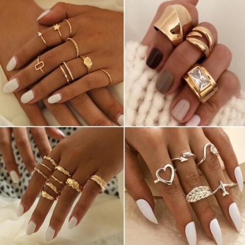 New Trendy Gold Color Round Hollow Rings Set For Women Metal Geometry Circular Punk Ring Charm Joint Ring Fashion Jewelry Gift