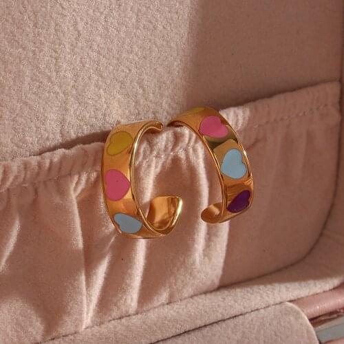 Lovely Wide Colorful Enamel Heart Flower Star Pattern CC Hoop Earrings Hypoallergenic Stainless Steel Gold Hoops For Gilr