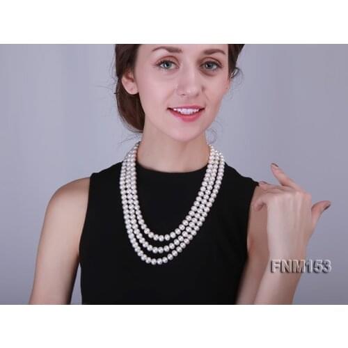 Natural Pearl Jewellery 8-9mm White Color 3Rows Freshwater Pearl Necklace Turquoises Clasp Perfect Women Gift