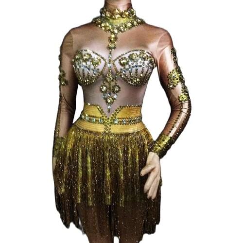 Gold Rhinestones Backless Tassel Dress Long Sleeve Mini Dresses Ladies Nightclub Performance Dance Costume Party Stage Wear