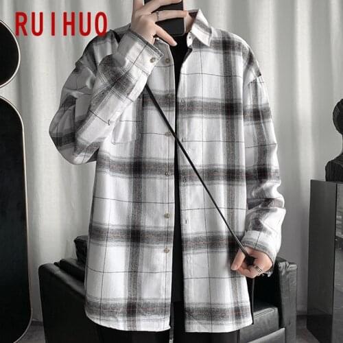 RUIHUO Plaid Shirts For Men Clothing 2021 Fashion Long Sleeve Plaid Shirt Men Harajuku Mens Shirts Casual Slim Fit M-5XL