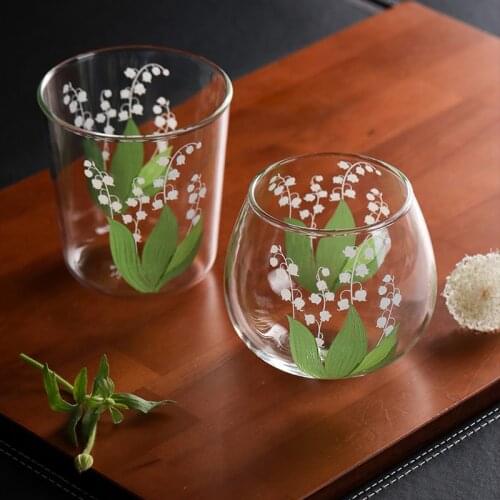 450ml ins Flower Tumbler Glass Coffee Cup Clear Jar Drinking Cups Milk Cups Home Office Drinking Glasses Heat-resistant Mug